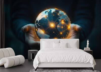 Futuristic Globe: Businessman Navigating Global Digital Network Wall mural