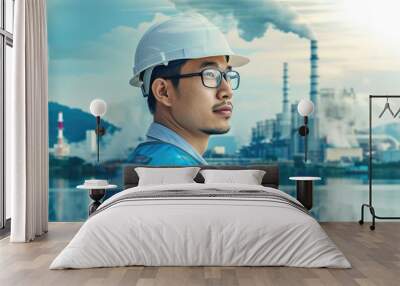 Industrial Engineer in Front of Power Plant, Double Exposure Wall mural