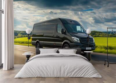 Luxurious Black Van in Motion Through Scenic Landscape Wall mural