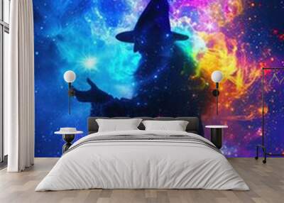 Mystical Wizard Casting Colorful Spells at Night Wall mural