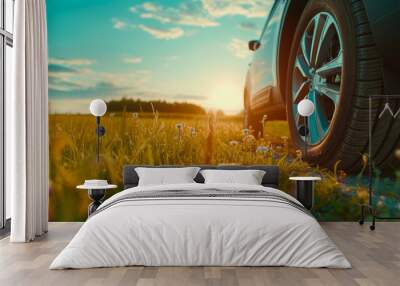 Nature's Embrace: Car Amidst Vibrant Grassland Wall mural