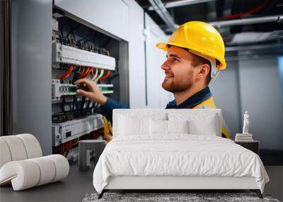 Professional Electrician Installing Wires in a Modern Residence Wall mural