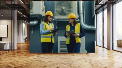 Professional Female Supervisor and Technician Analyzing AC System, Workwear Scene Wall mural