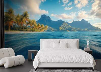 Scenic View of Lush Tropical Island and Distant Peaks Wall mural