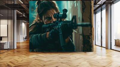 Shadow Warrior: Female Operative Strikes from Concealed Position Wall mural