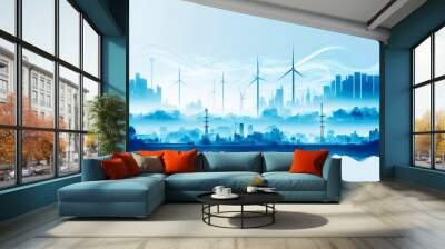 Smart energy city skyline with nature and power grid and wind turbine. Generative AI Wall mural