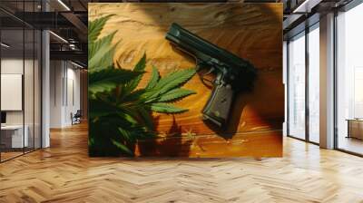 Top View of Cannabis and Gun on Table Wall mural