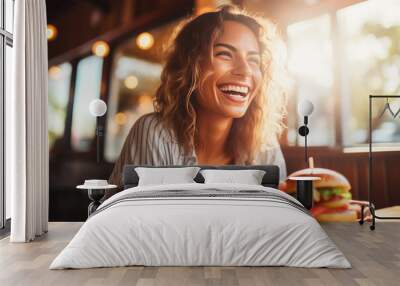 Woman Enjoying Delicious Burger Wall mural