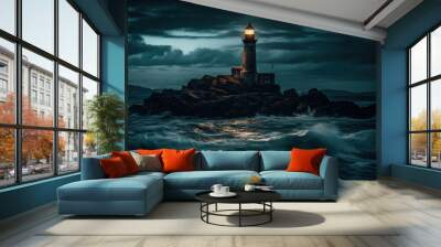 Working at night alone lighthouse on wild rocky island seashore. Generative AI Wall mural