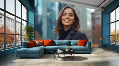 Young Female Executive Enjoying NYC Skyline Wall mural