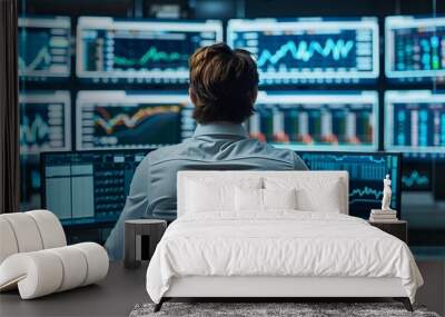 A financial trader or analyst monitors a lot of financial market data on various monitors in a modern office. Concept of online investment trading and cryptocurrency markets. Generative ai Wall mural