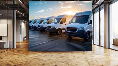 a number of minibuses ready for transportation of goods in the parking lot against the background of the sky. Generative ai  Wall mural