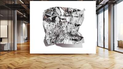 White shiny aluminum foil wrap without chocolate candy on a white background. Texture of used crumpled aluminium food foil. Wall mural