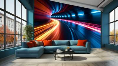 Abstract empty road tunnel with colorful light trails. Wall mural