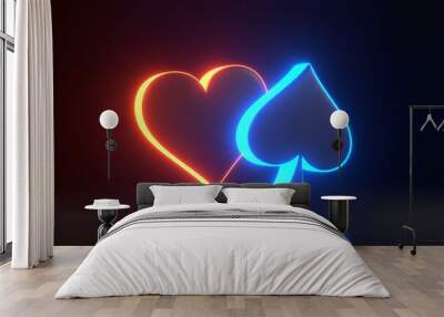 aces cards symbols with futuristic neon blue and red lights on a black background. heart and spade i Wall mural