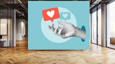 Achieving fame and reaching followers. Hand with like reaction. Interaction in social networks and sharing likes. Share social networks Wall mural