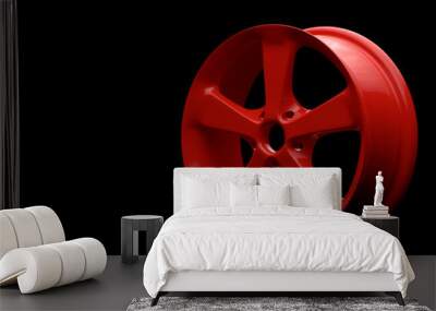 Aluminium alloy car wheel. Red alloy rim for car, tracks on black background. 3d rendering illustration Wall mural