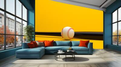 Baseball ball and baseball bat isolated on a pastel yellow background. Minimal creative sports concept. 3D rendering illistration Wall mural