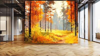 Beautiful autumn forest with sunlight shining through pine trees, in the style of light orange and light green rough watercolor painting, generative AI Wall mural