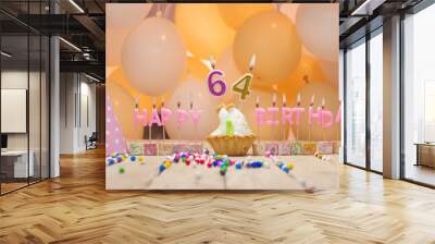 Beautiful background happy birthday number 64 with burning candles, birthday candles pink letters for sixty four years. Festive background with balloons Wall mural