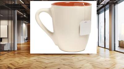 Beige ceramic mug with teabag label. isolated on a transparent background Wall mural