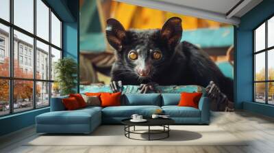 Black Animal With Bright Eyes Resting on Colorful Wooden Surface Wall mural