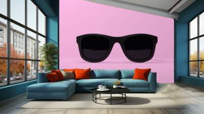 Black summer sunglasses falling down on a pastel bright pink background. Front view. Creative minimal concept. 3d rendering illustration Wall mural