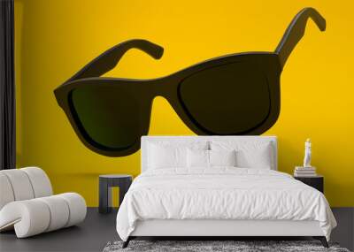 Black summer sunglasses falling down on a pastel bright yellow background. Side view. Creative minimal concept. 3d rendering illustration Wall mural