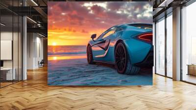 blue modern electric sportcar on the sunset beach. Generative ai Wall mural