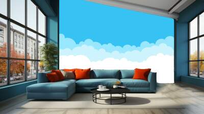 Blue vector sky with white cute clouds conceptual banner background with text space. Web border of clouds layers. Simple cartoon design. Stylish cartoon web banner with blue cloud on white background. Wall mural