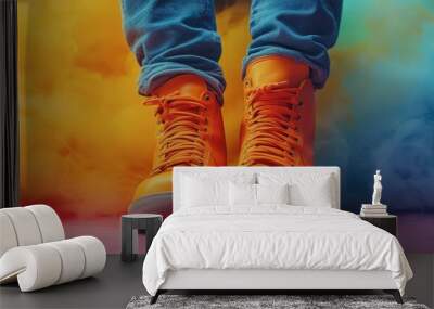 Bright orange sneakers stand out in colorful smoke during a lively event Wall mural