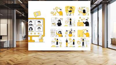 Business Marketing illustrations. Mega set. Collection of scenes with men and women in outline style on 3 color scene. Trendy vector style Wall mural