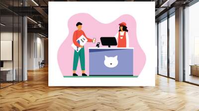 Cartoon guy pays contactless with cell phone for cat food at pet store. Fast and secure digital bank transactions. Modern banking services. Vector illustration Wall mural