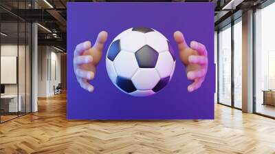 Cartoon hands catching a soccer ball on a purple background. 3d rendering illustration Wall mural