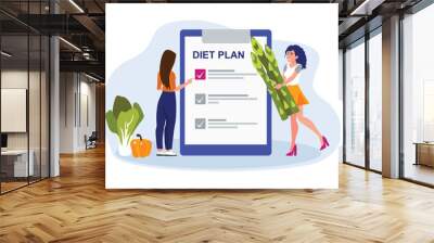 Cartoon smiling girls making diet plan. Diet meal for weight loss. Fresh fruits and vegetables as sources of energy. Vector flat style illustration on white background Wall mural