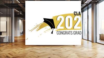 Class of 2020. Hand drawn brush gold stripe and number with education academic cap. Template for graduation party design, high school or college congratulation graduate, yearbook. Vector illustration. Wall mural