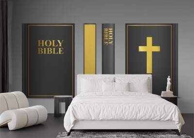 Closed Holy Bible vector 3d template.  Religion book mock up with black cover and gold frame with cross and font. Christian religious illustration front, side and back view Wall mural