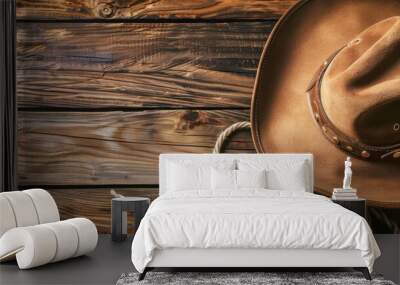 Cowboy Hat and Rope on Wooden Background Wall mural