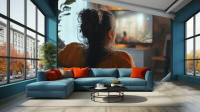 Cozy evening at home: person in orange sweater relaxing on comfortable couch, watching TV in warm, dimly lit living room with plants and ambient lighting. Wall mural