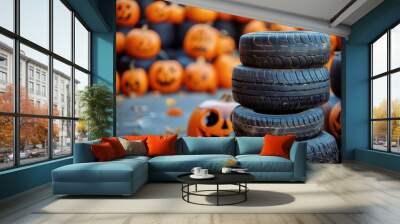 Creative Display of Pumpkins and Tire Stacks at Autumn Festival in October Wall mural