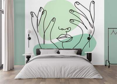 Depressed woman with hand on face, one line drawing style. Vector illustration concept. Female face on white isolated background. Wall mural