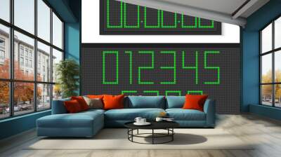 Digital clock and numbers with green light points. Vector digit scoreboard mockup Wall mural