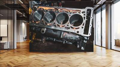 Disassembled cylinder block. Engine repair services. Close-up Wall mural