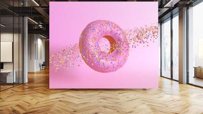 Donut planet on a pink background. Minimal creative concept. 3d render illustration Wall mural