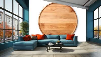 Empty wooden pizza board isolated on transparent background, flat lay, top view shot. AI generated content. Wall mural