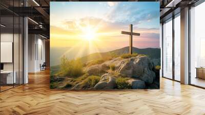 A wooden cross on a rock, the sun shines on the cross, Easter Celebration  Wall mural