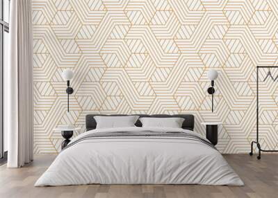 Abstract seamless pattern featuring simple geometric shapes outlined in gold against a white backdrop. Modern, minimalist design ideal for wallpaper or tile Wall mural