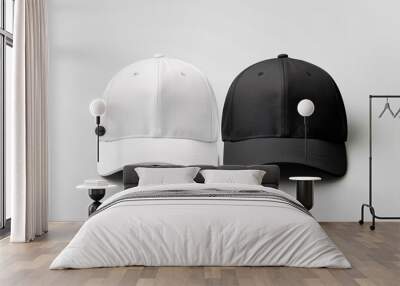 Black and white caps mockup, front view, no people, bright background, closeup Wall mural