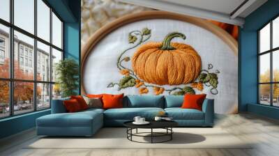 Halloween pumpkin embroidery on a white cotton cloth Wall mural