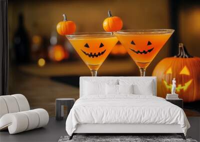 Two pumpkin martini on the bar counter with jack-o-lantern for Halloween party Wall mural